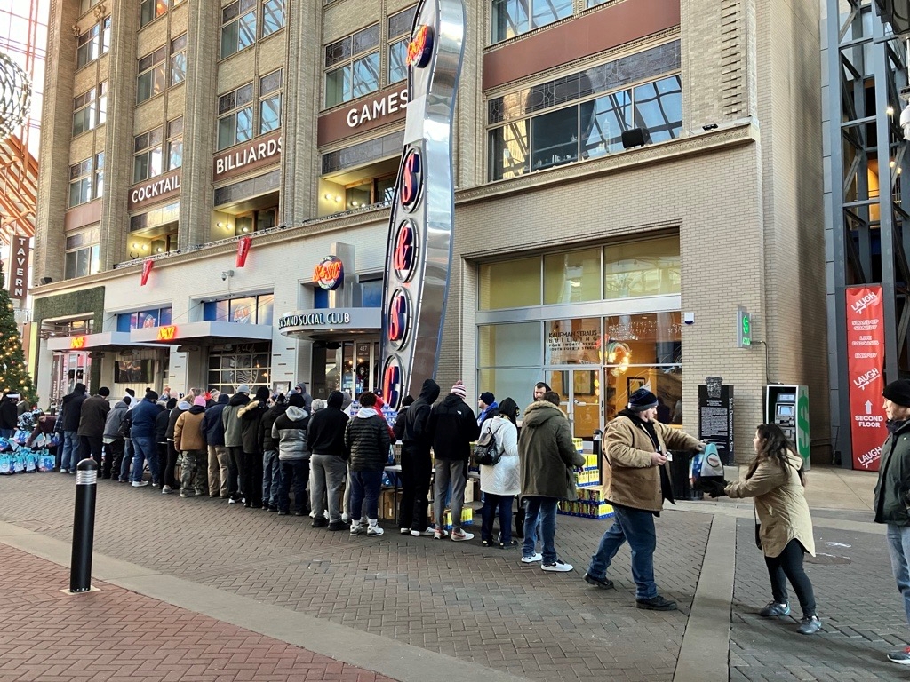 Boxes of Love -assembly line outside RESIZE Boxes of Love at Fourth Street Live!