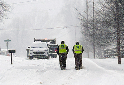 Field crew in snowstorm